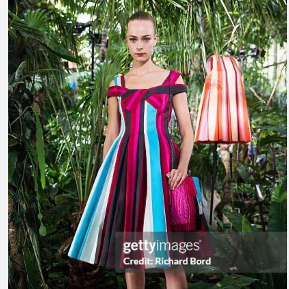 PAULE KA Strapless Dress in Pink, Blue, and White